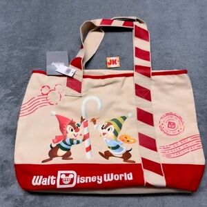 NEW Walt Disney World Tote Bag Chip And Dale Christmas Mickey Mouse Candy Cane